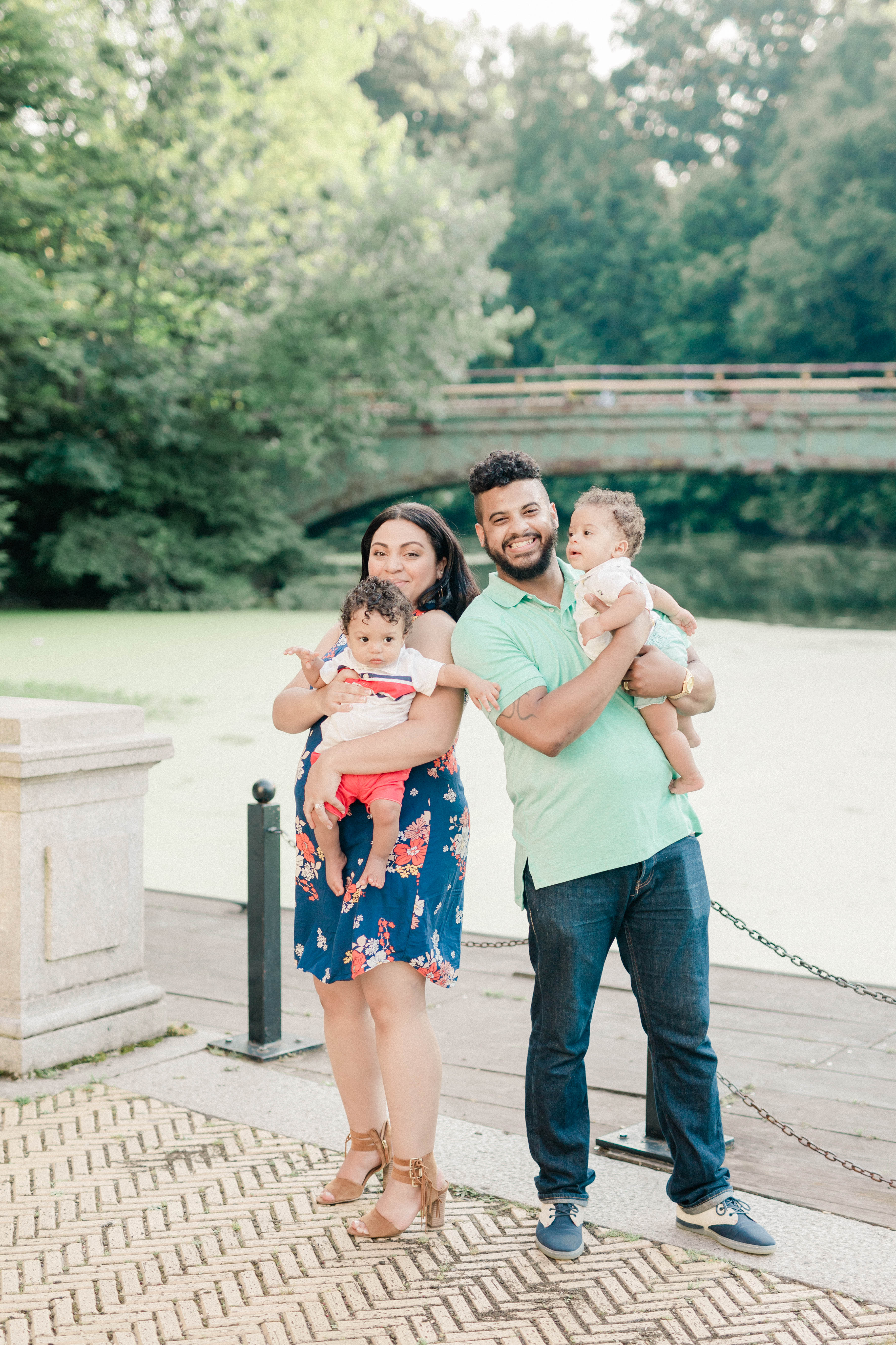 Family photo by the lullwater bridge in prospect park