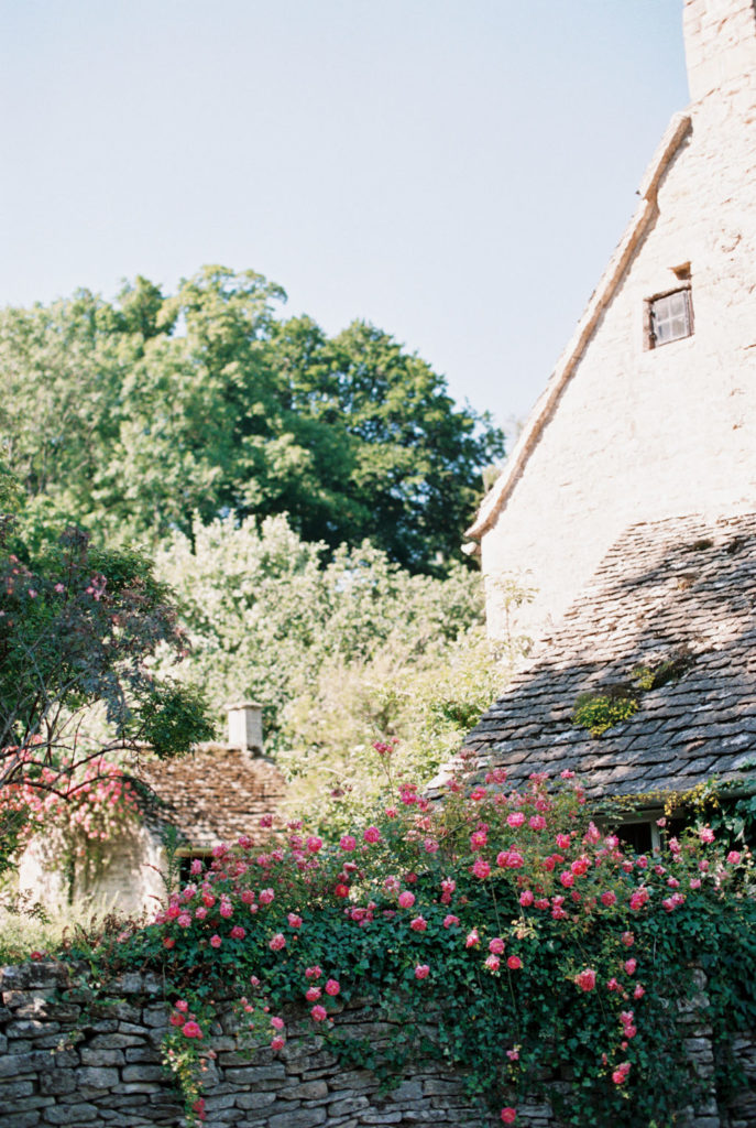 A pink rose bush in the town of Bibury, in the Cotswolds England