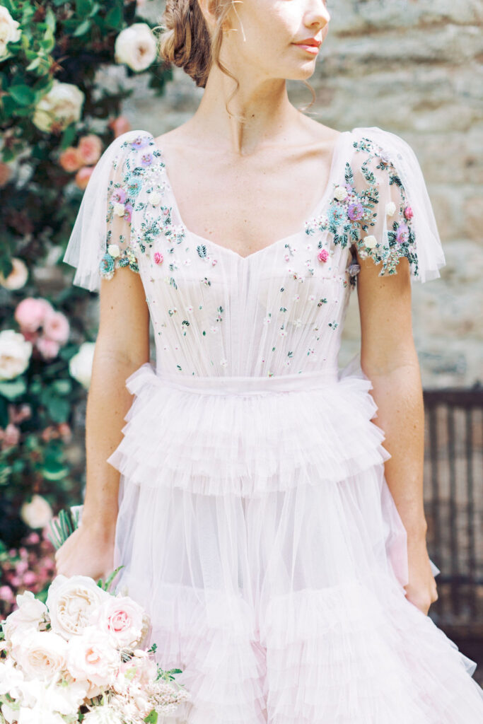 Sequin details on Made bride Wedding Gown during Cotswolds UK Elopement